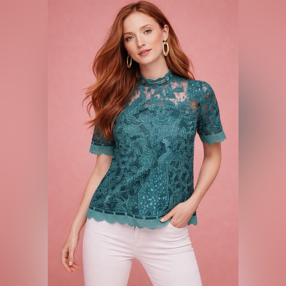 HD in Paris Anthropologie Teal Lace Blouse Size US 0